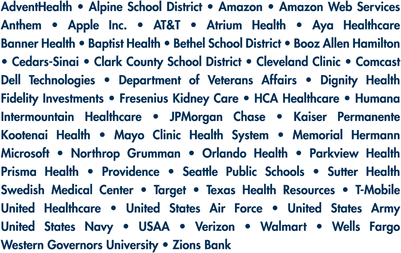 This image contains the logos of companies that employ WGU graduates. Some examples include Amazon, Apple, Cedars-Sinai, JP Morgan Chase, Microsoft, USAF, US Navy, Verizon, Walmart, and WGU.