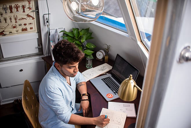 Overhead view of student studying