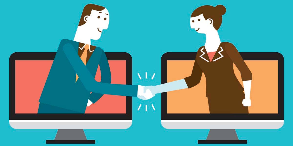 Illustration of two people emerging from computer screens and shaking hands.