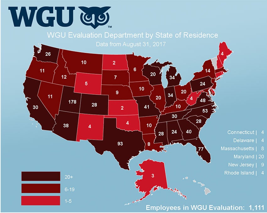Map of WGU evalutation departments by state of residence.