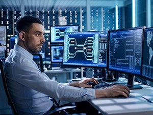 Cybersecurity guy working on computer