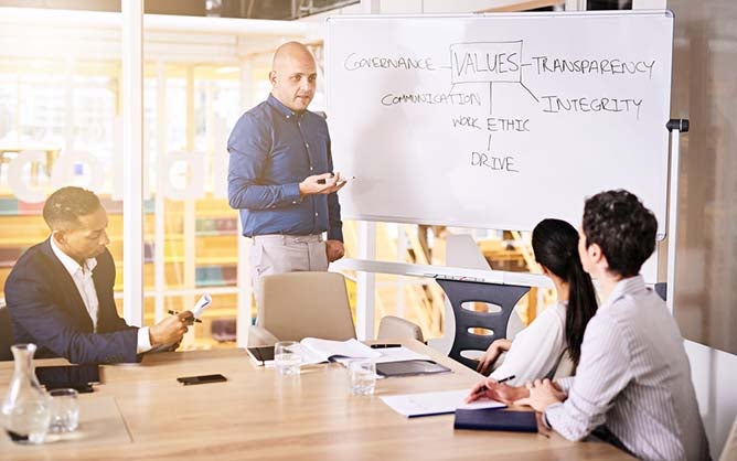 Business people discuss different business values written out on a white board.