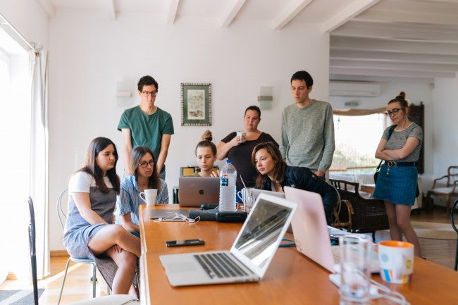 Group meeting in open office floorplan