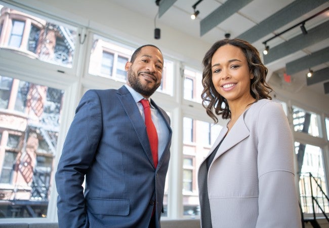 write 10 career opportunities in business studies Businessman and woman smiling