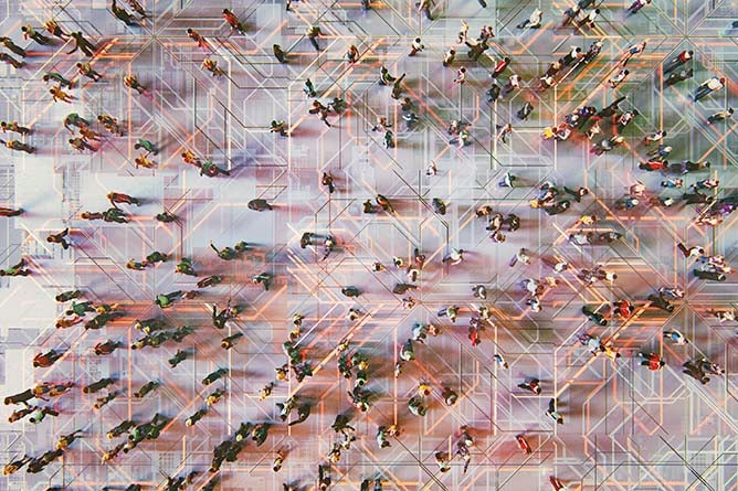 Networking concept of a crowd of people in a large room connect with network lines.