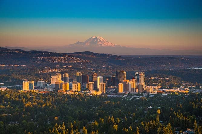 Skyline of Bellevue, WA with Mt. Ranier in the background.