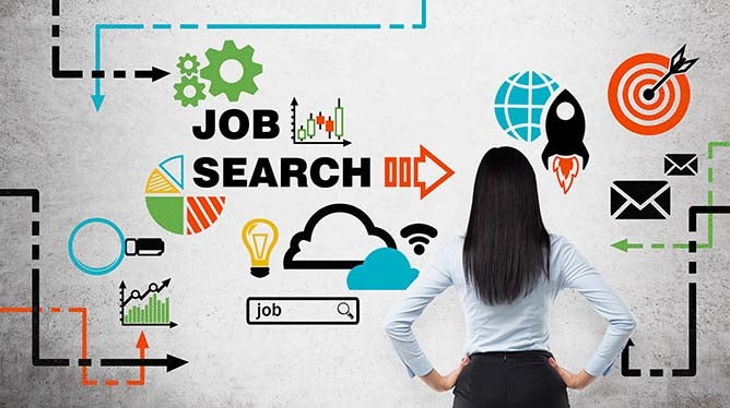 A young woman looks at an illustration of lines with the words "job search."