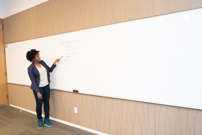 Teacher in front of white board