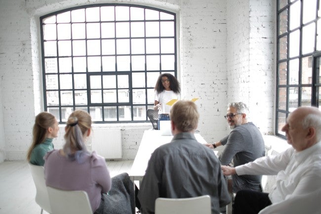 Employee giving presentation to group