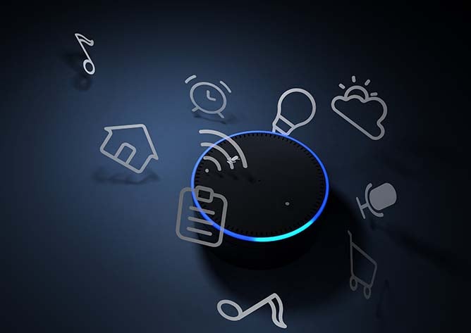 3D rendering of an Amazon Echo with little icons floating around it.