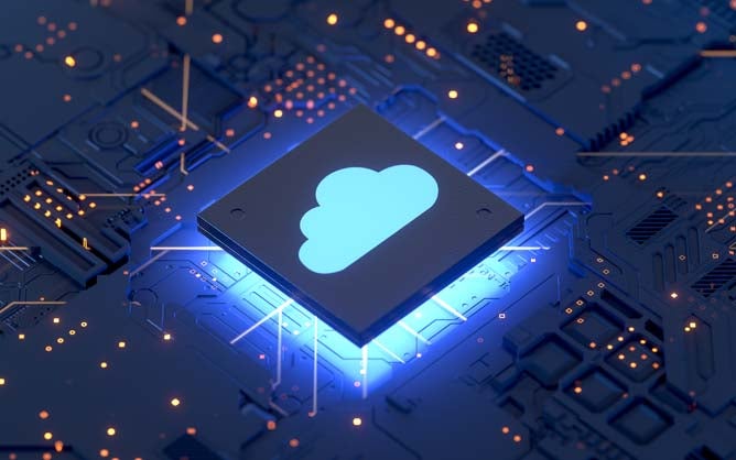 A chip with a cloud icon on top begins to integrate with a circuitboard.