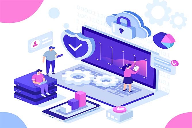 Illustration of security icons on a laptop with tiny people on it.