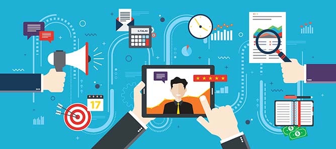Illustration showing items related to business, marketing, etc.