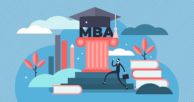 MBA vector illustration. Flat tiny Master of Business Administration person concept. Education management strategy for student knowledge growth. Graduation hat as academical learning and wisdom symbol