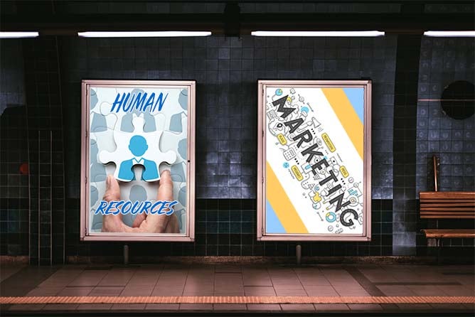 Two subway ads sit side-by-side. One reads "human resources," and the other "marketing."