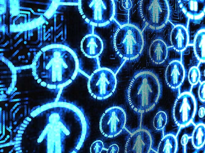 Digital icons representing people, each interconnect in a network of lines.