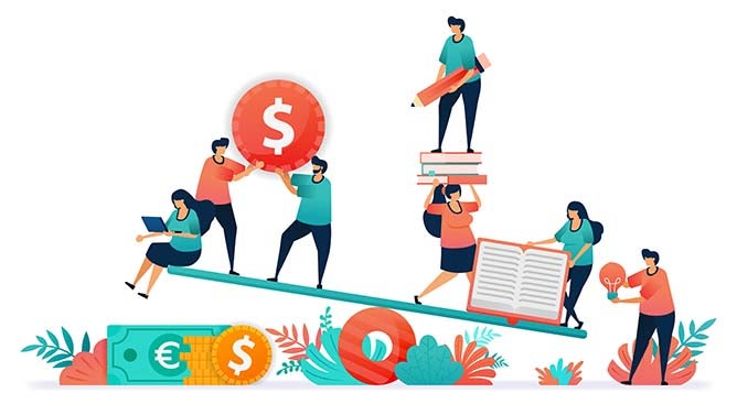 Illustration of people on a balancing board holding money and books.