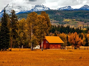 Mountains, log cabin in Colorado