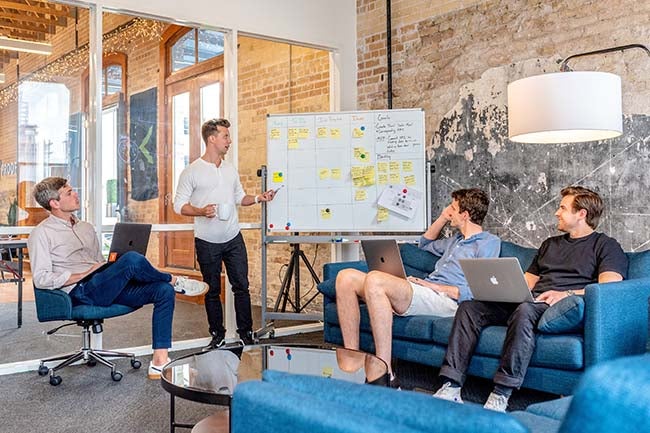 business meeting with men, trendy office