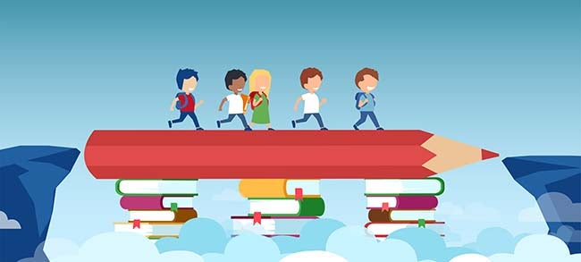 Illustration of a pencil on book stacks bridging the gap in primary education for children passing by.