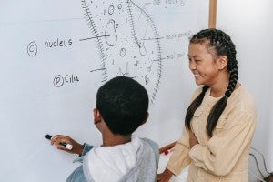 two students at white board