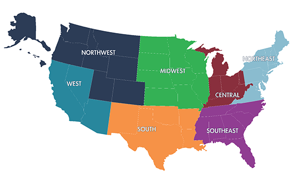 US Map color coded to show the 7 WGU regions: Northwest, West, South, Midwest, Southeast, Central, and Northeast