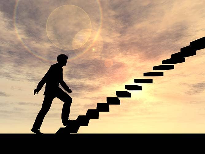 Concept or conceptual 3D male businessman on stair or steps over sunset sky background