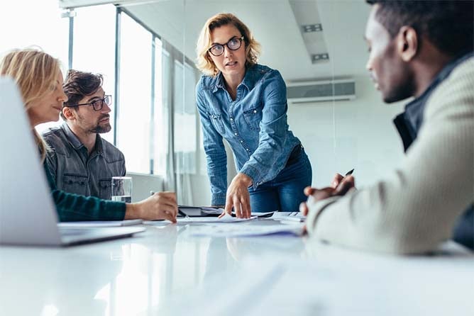 Businesswoman standing and leading business presentation. Female executive putting her ideas during presentation in conference room.; Shutterstock ID 681211267; PO: 123