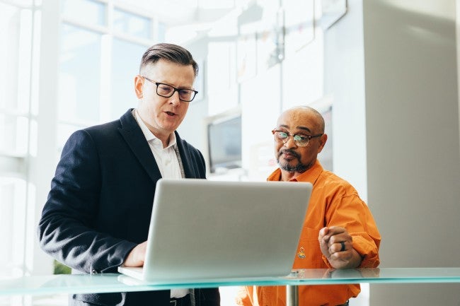 two IT professionals  looking at computer