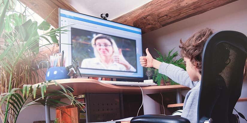 Young student watching lesson online and studying from home