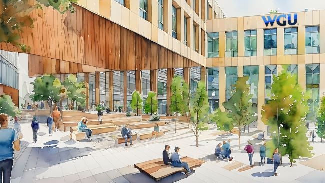 This artist's rendering shows early concepts for WGU headquarters. Rendering shows an outdoor atrium with trees and seating around a multi-story building.