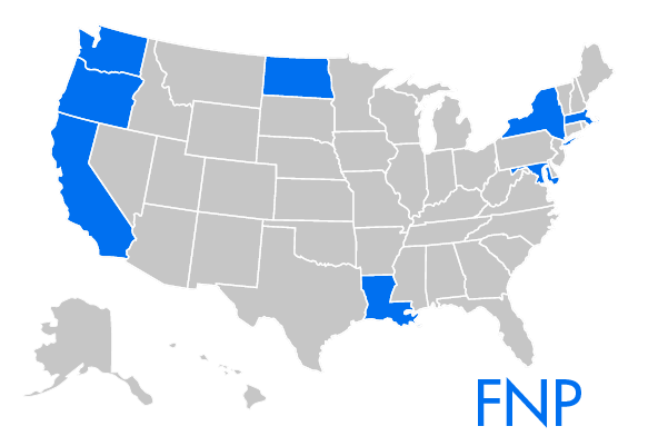 Due to the clinical requirements of this degree program, the FNP is currently NOT available to students who have a permanent residence in the following states: California, District of Columbia, Louisiana, Maryland, Massachusetts, New York, North Dakota, Oregon, Washington.