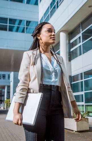 Woman leaving an office building