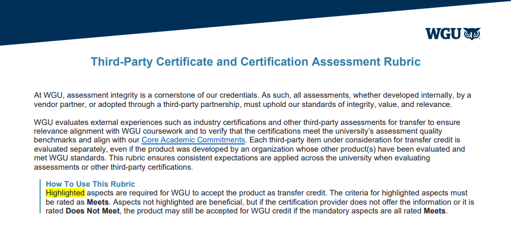 third party certificate certification assessment rubric